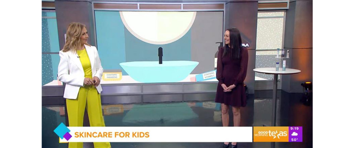 Image of Neora Co-Founder and Chief Sales & Marketing Officer Amber Olson Rourke on Good Morning Texas speaking on Skincare For Kids